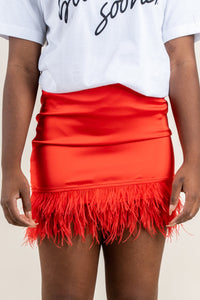 Feather trim skirt red | Lush Fashion Lounge: boutique fashion skirts, affordable boutique skirts, cute affordable skirts