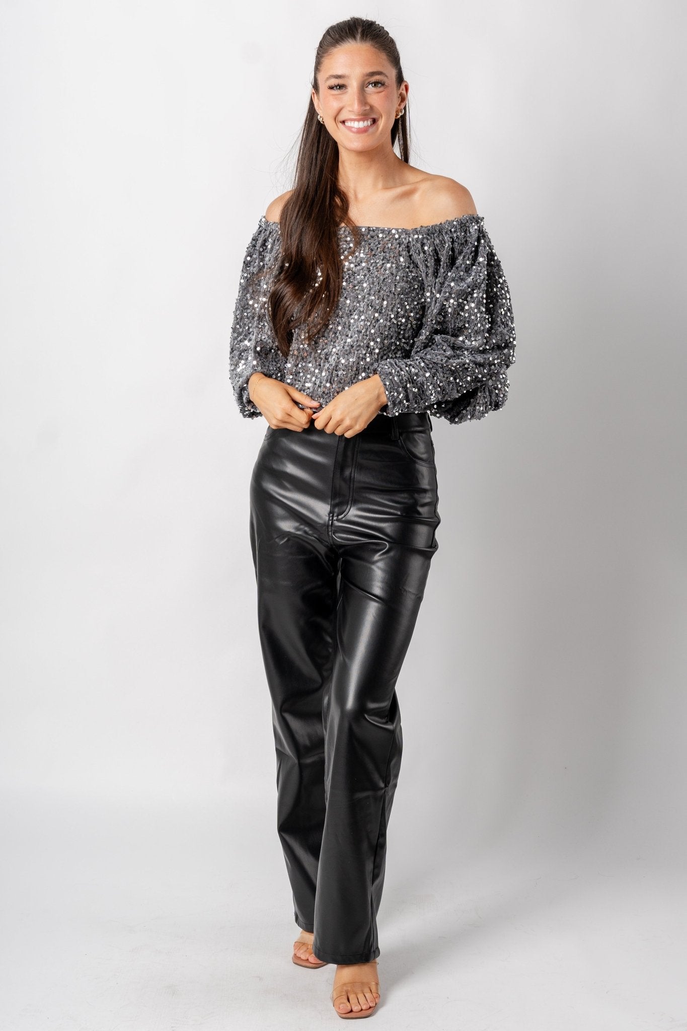 Sequin velvet crop top silver - Affordable New Year's Eve Party Outfits at Lush Fashion Lounge Boutique in Oklahoma City