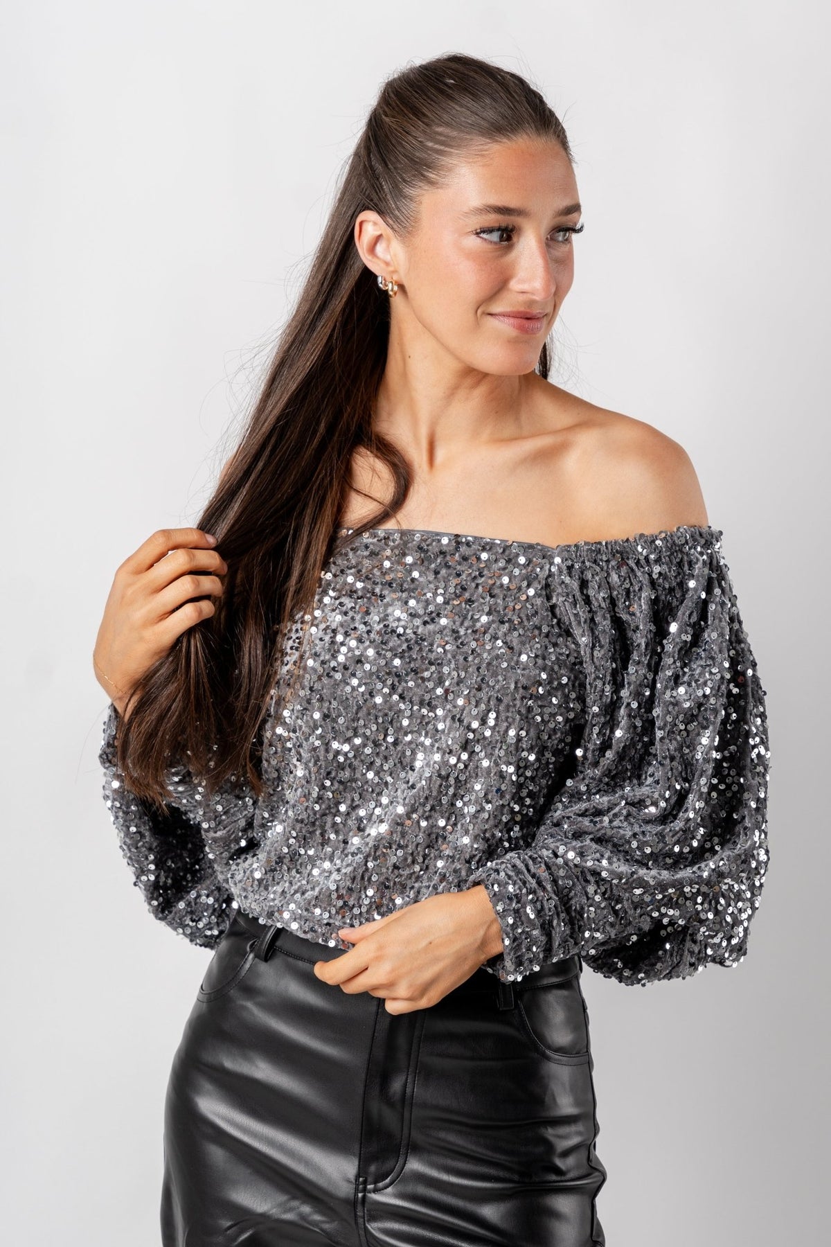 Sequin velvet crop top silver - Trendy New Year's Eve Outfits at Lush Fashion Lounge Boutique in Oklahoma City