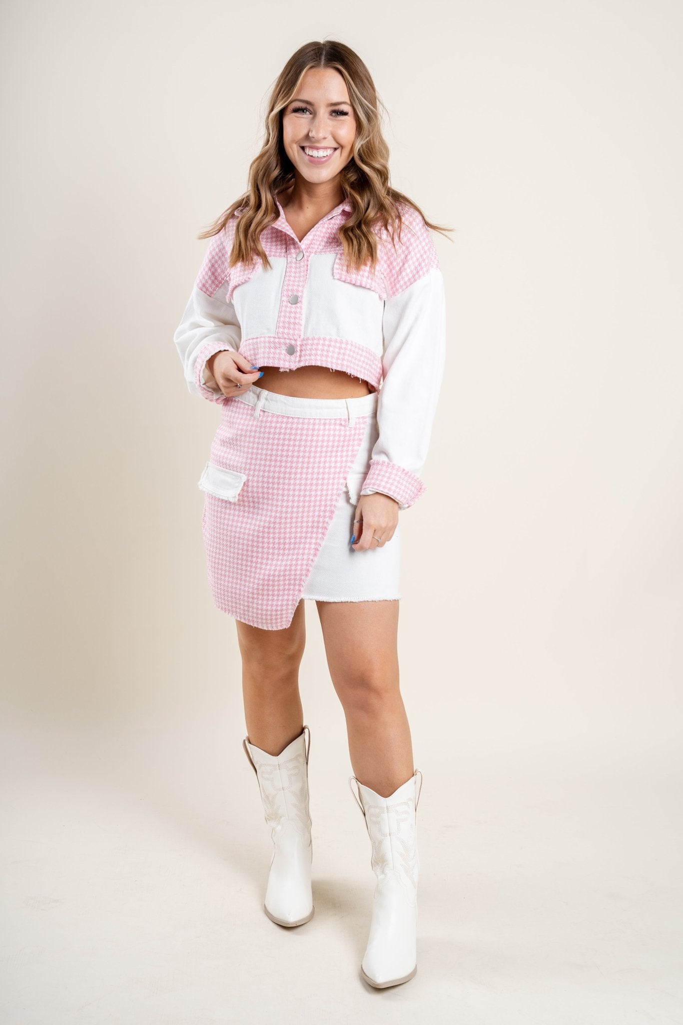 Tweed denim jacket white/pink - Trendy jacket - Fashion Jackets & Blazers at Lush Fashion Lounge Boutique in Oklahoma City