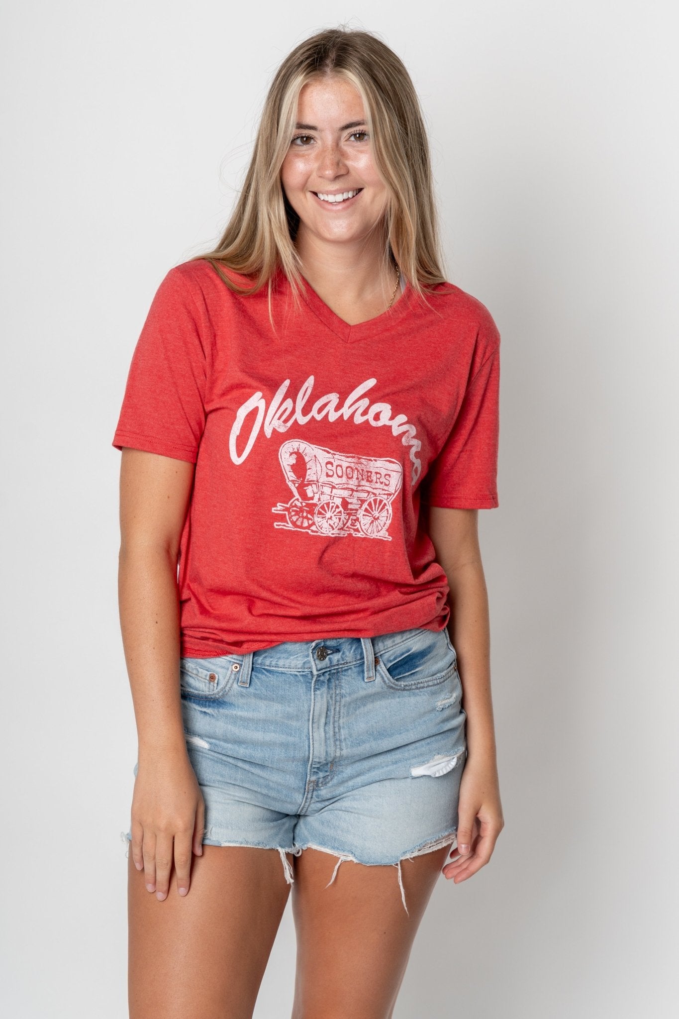 OU OU script schooner unisex v-neck t-shirt red t-shirt | Lush Fashion Lounge Trendy Oklahoma University Sooners Apparel & Cute Gameday T-Shirts