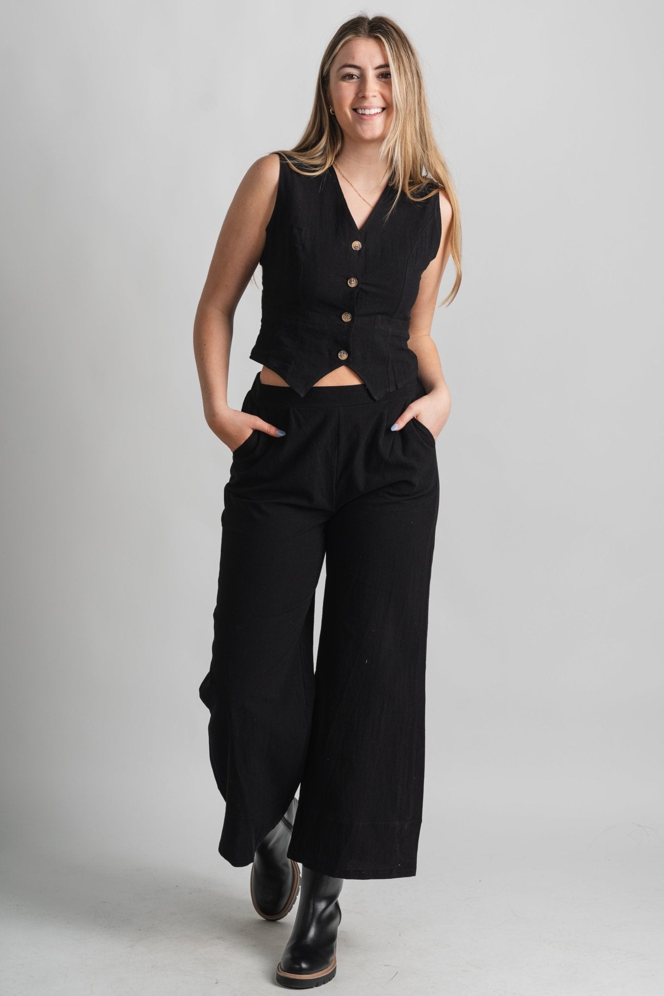 Solid wide leg pants black | Lush Fashion Lounge: women's boutique pants, boutique women's pants, affordable boutique pants, women's fashion pants