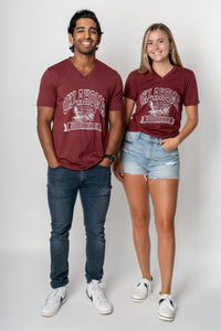 OU OU arch schooner unisex v-neck t-shirt crimson t-shirt | Lush Fashion Lounge Trendy Oklahoma University Sooners Apparel & Cute Gameday T-Shirts