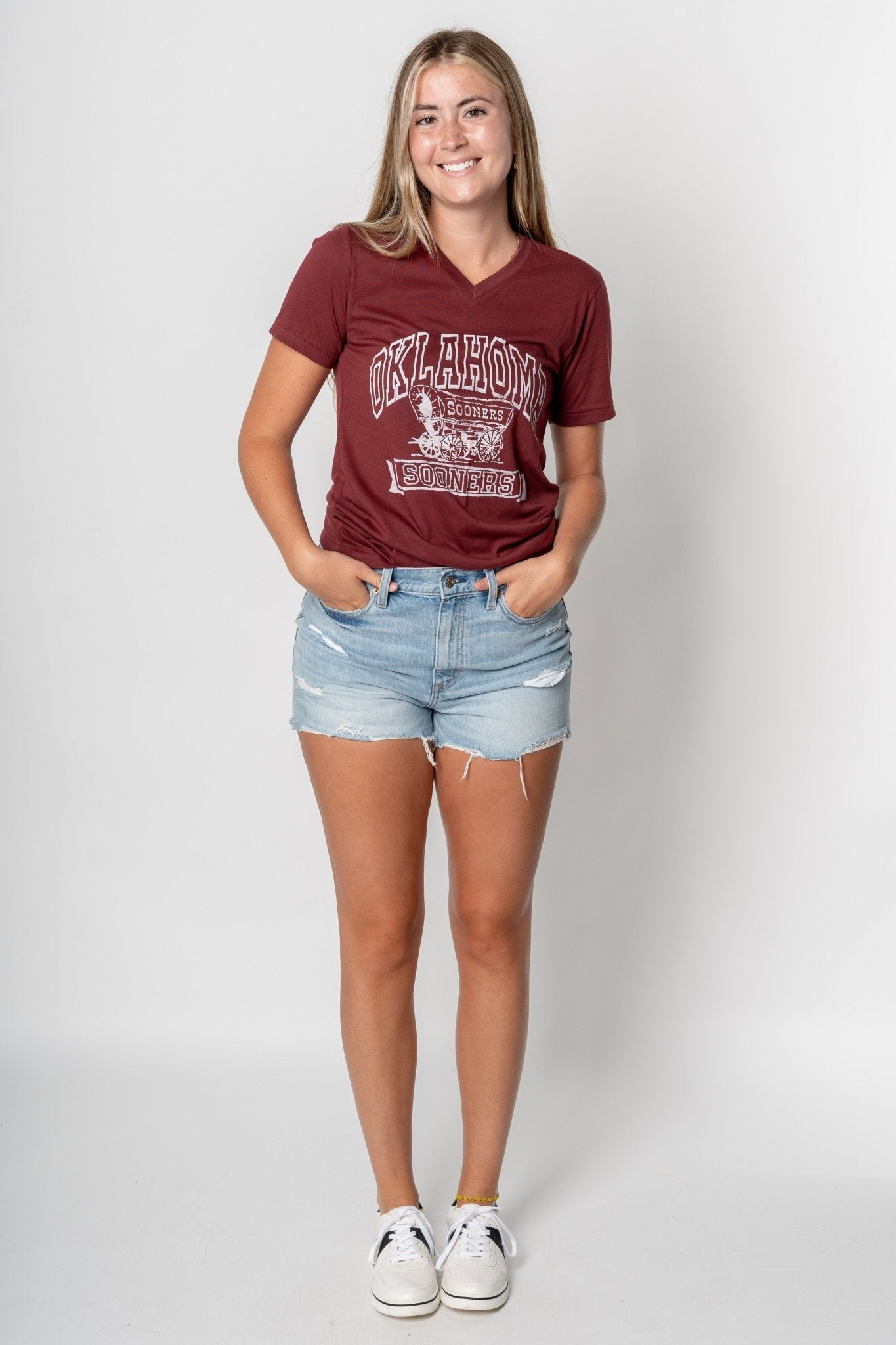 OU OU arch schooner unisex v-neck t-shirt crimson t-shirt | Lush Fashion Lounge Trendy Oklahoma University Sooners Apparel & Cute Gameday T-Shirts