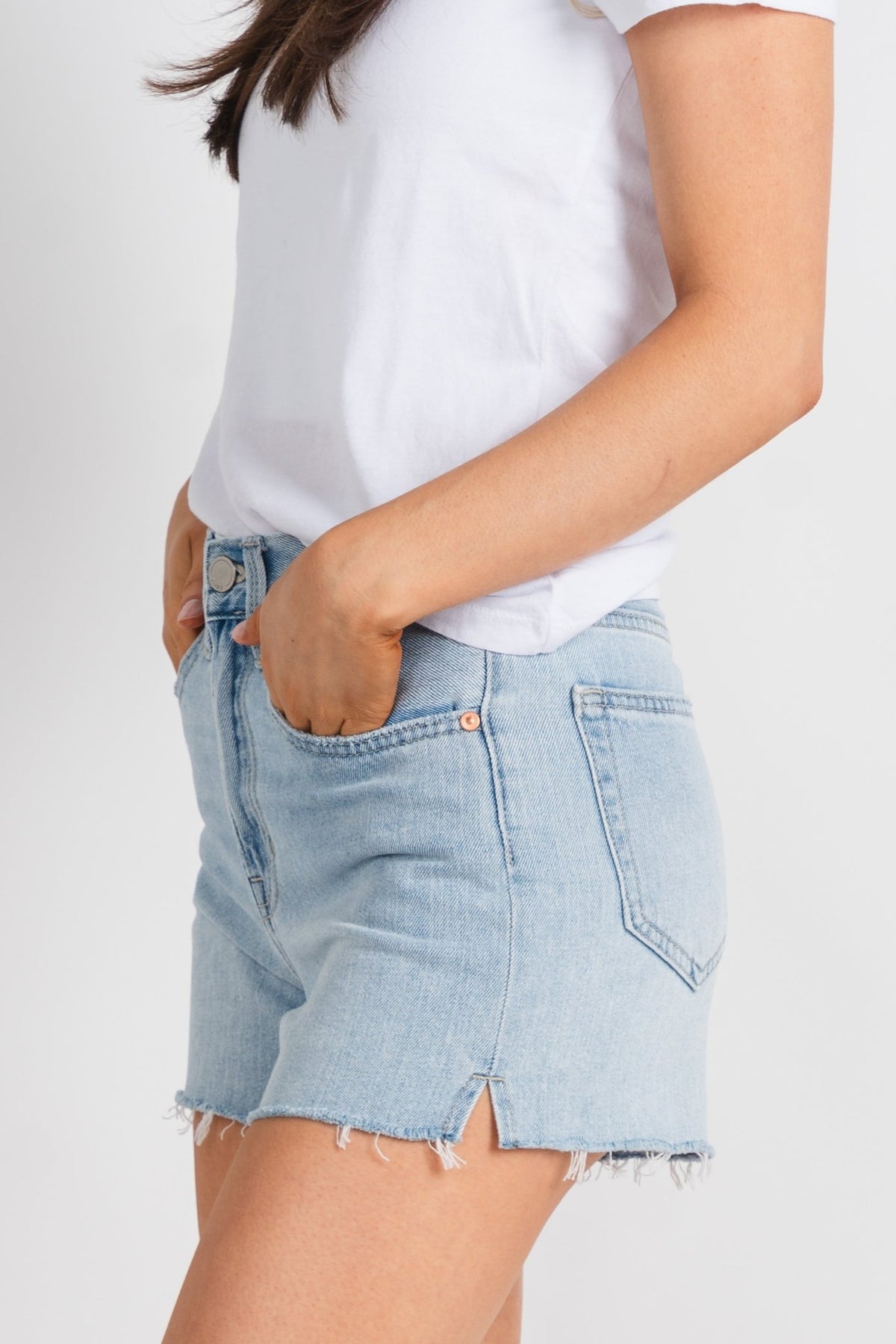 High rise fray hem denim shorts light denim - Trendy Shorts - Cute Vacation Collection at Lush Fashion Lounge Boutique in Oklahoma City
