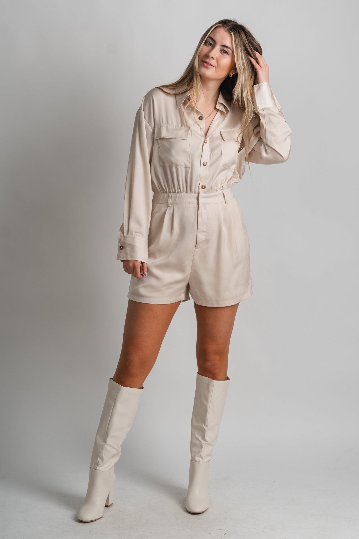 Pocket front blouse romper champagne - Trendy Romper - Fashion Rompers & Pantsuits at Lush Fashion Lounge Boutique in Oklahoma City
