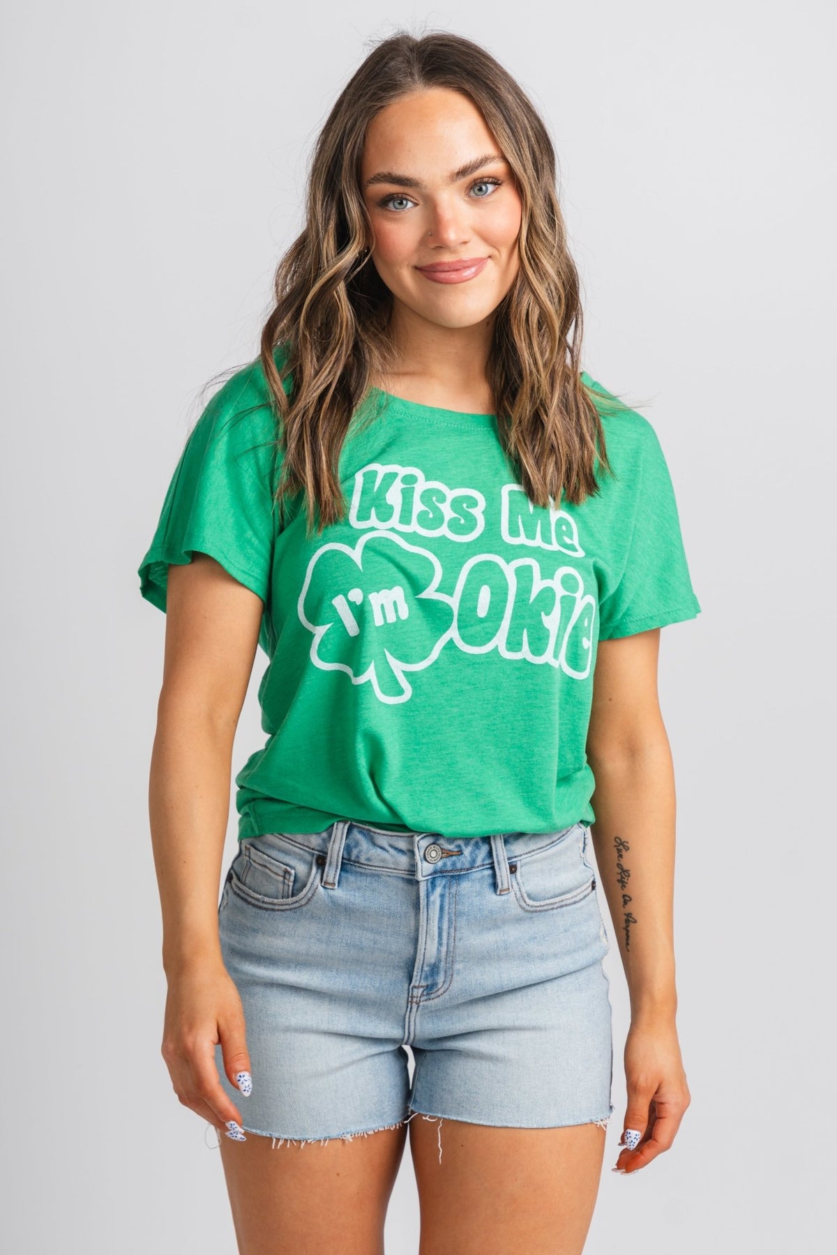 Kiss me I'm Okie t-shirt green - Trendy T-Shirts for St. Patrick's Day at Lush Fashion Lounge Boutique in Oklahoma City