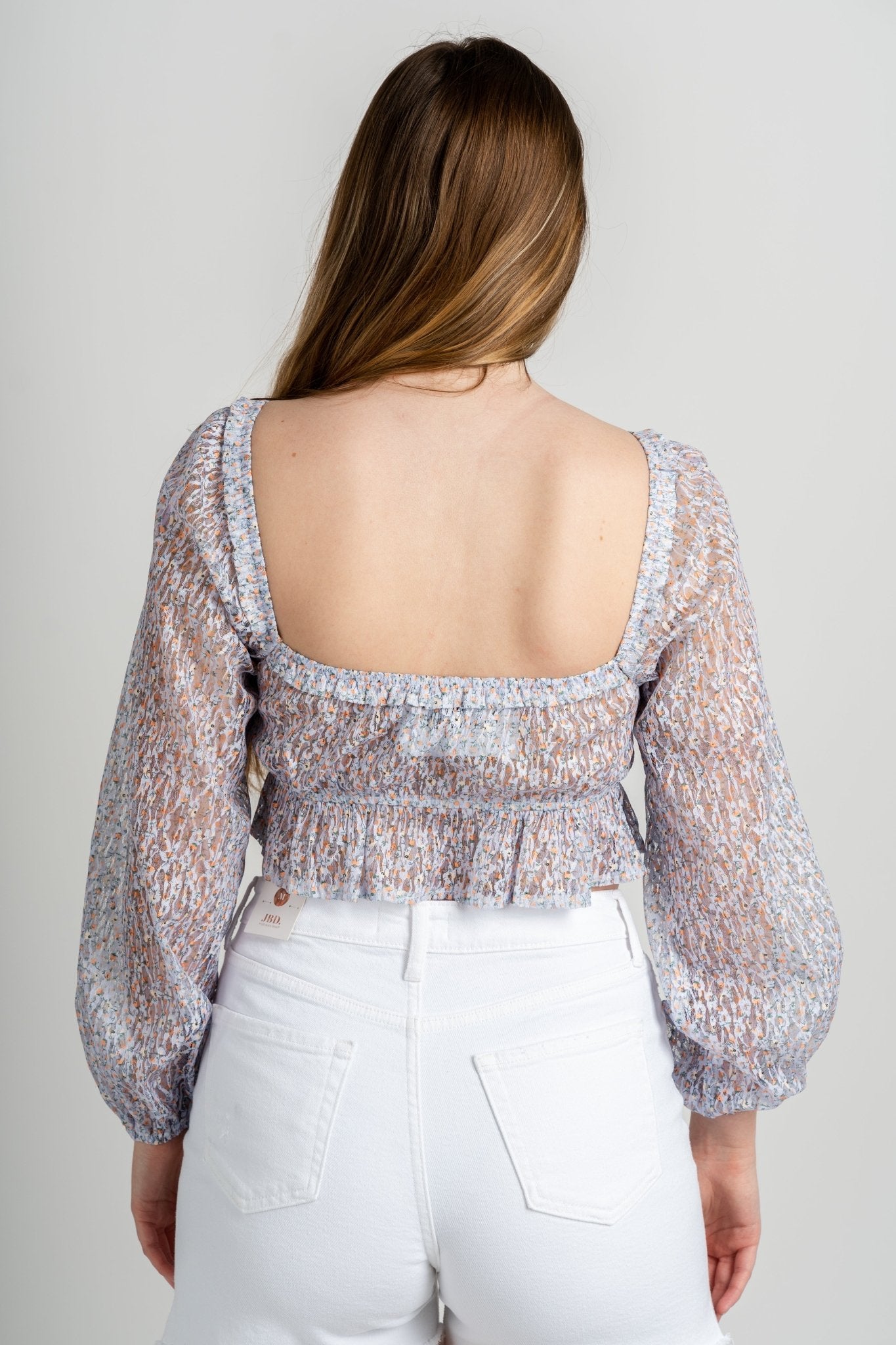 Ruffle floral mesh top lavender