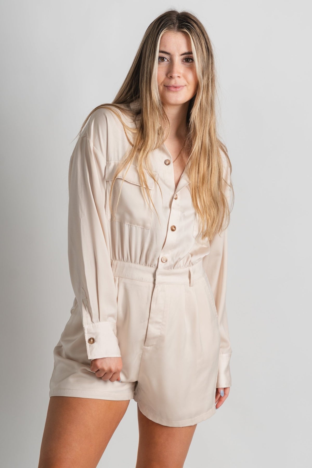 Pocket front blouse romper champagne - Cute Romper - Trendy Rompers and Pantsuits at Lush Fashion Lounge Boutique in Oklahoma City