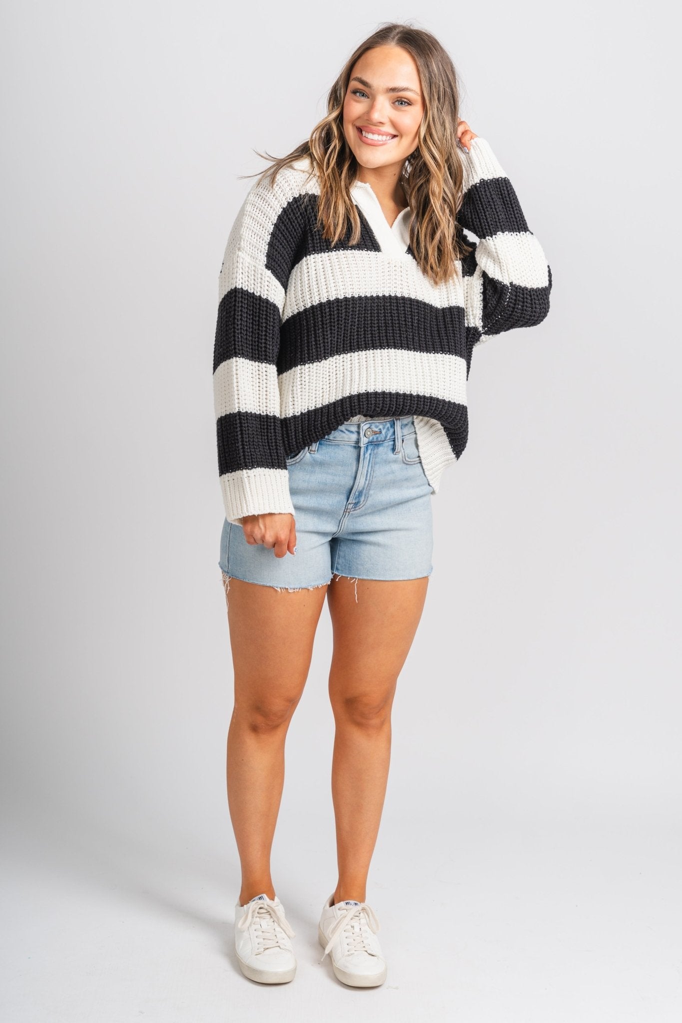 Boxy striped sweater cream/black – Stylish Sweaters | Boutique Sweaters at Lush Fashion Lounge Boutique in Oklahoma City