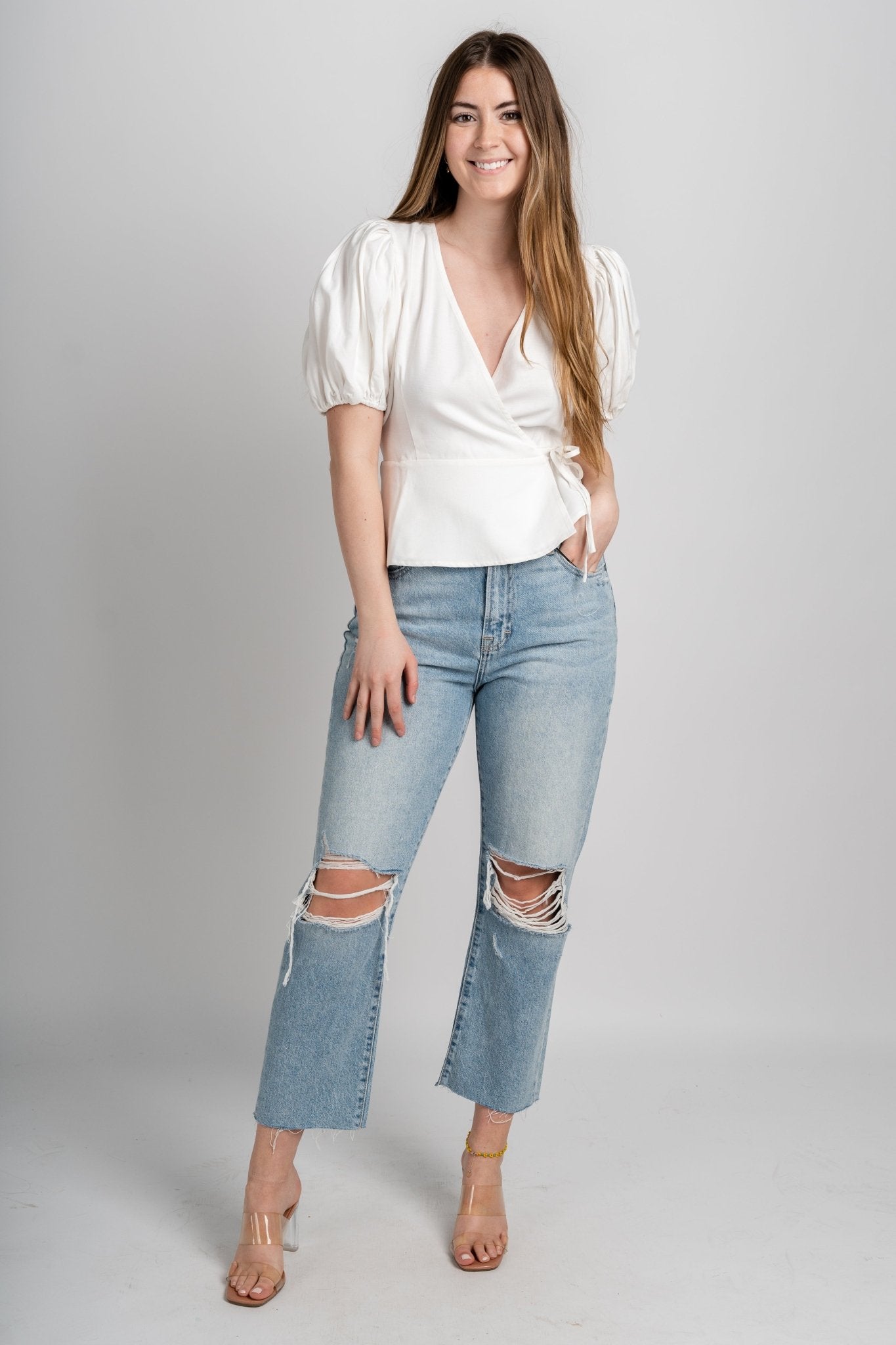 Puff sleeve wrap top off white