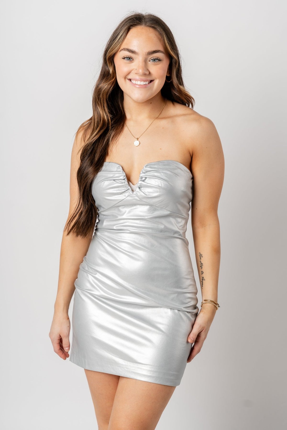 Metallic strapless mini dress silver - Cute Dress - Trendy Dresses at Lush Fashion Lounge Boutique in Oklahoma City