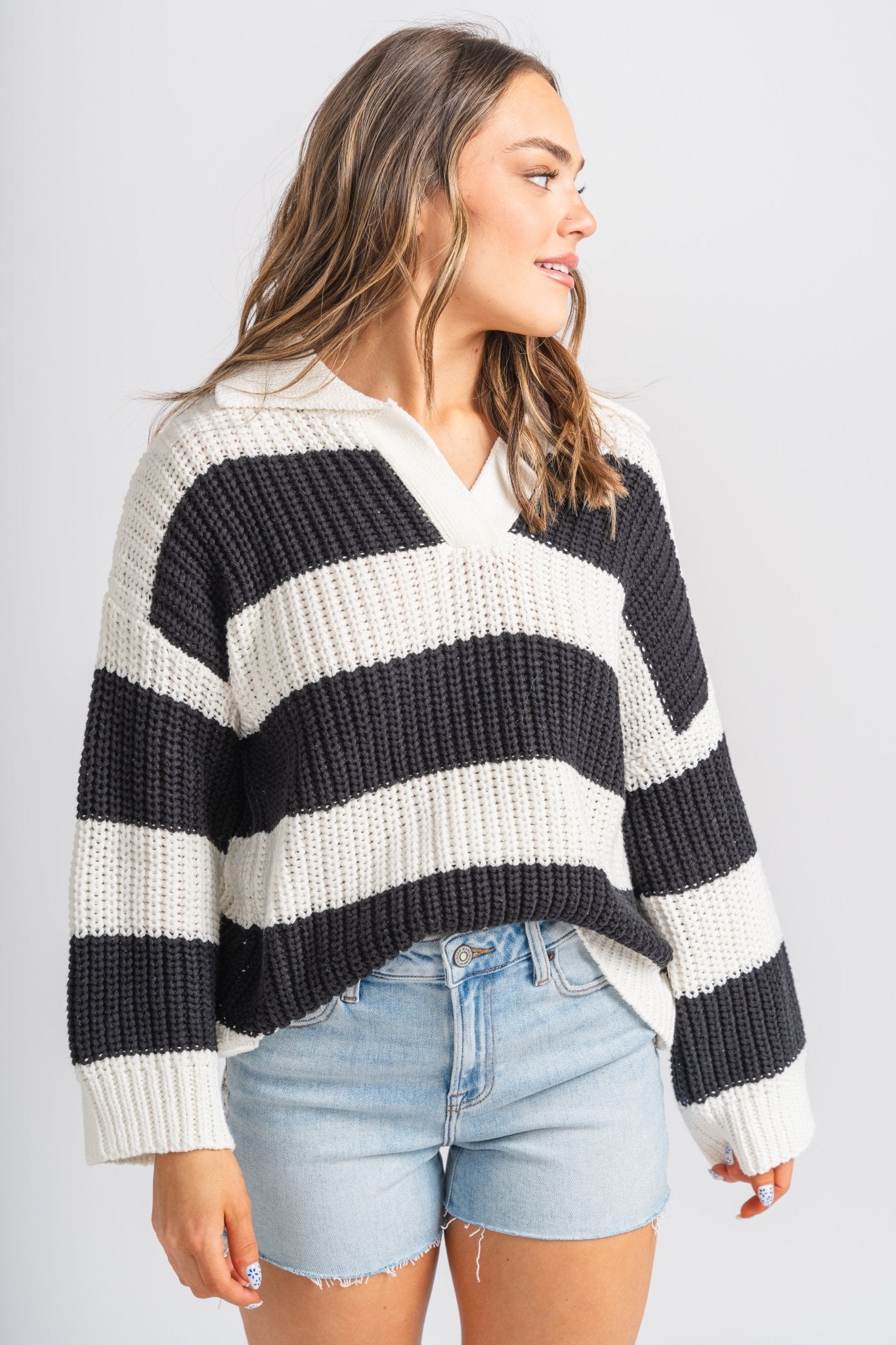 Boxy striped sweater cream/black - Trendy Sweaters | Cute Pullover Sweaters at Lush Fashion Lounge Boutique in Oklahoma City
