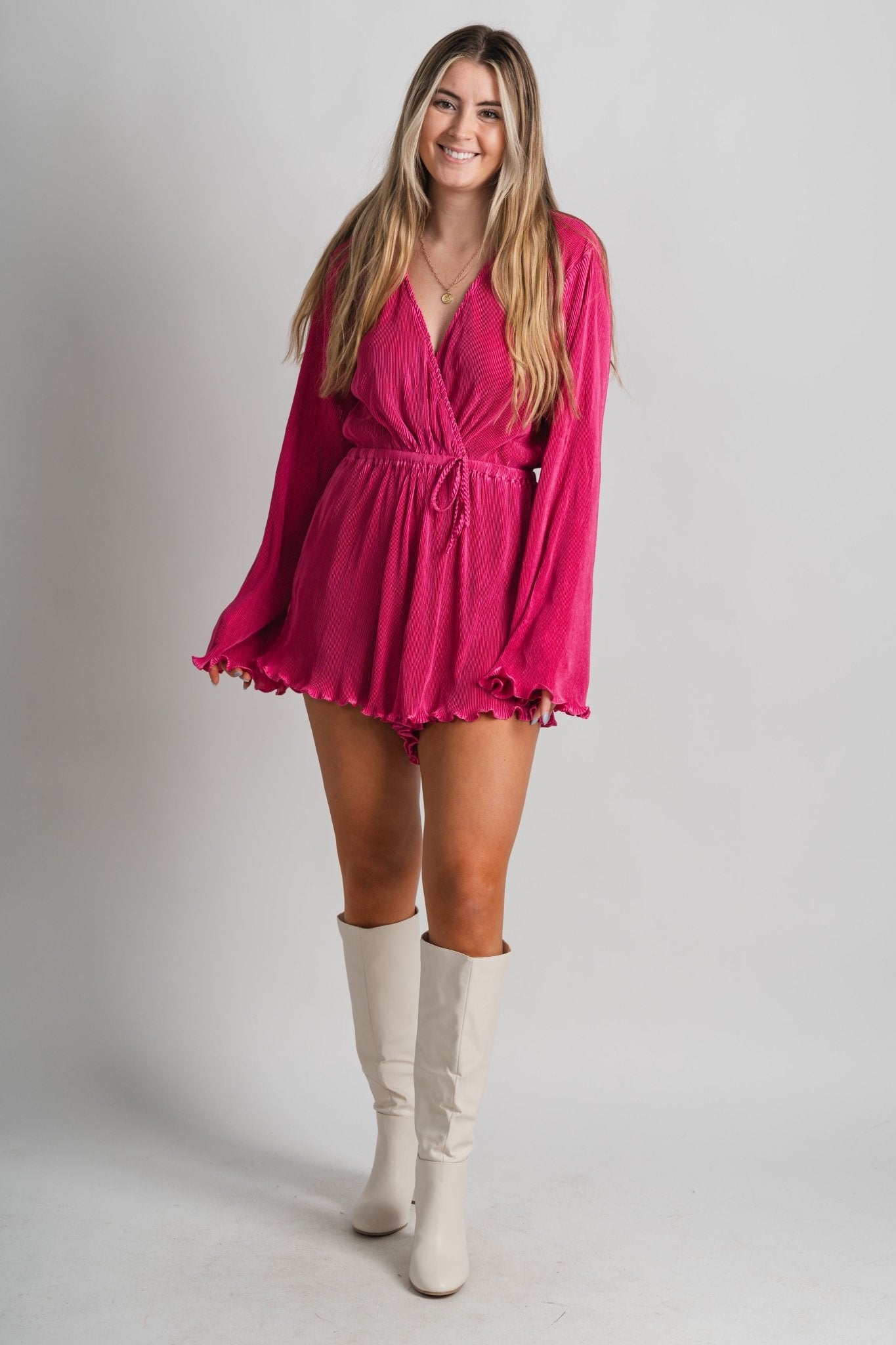 Pleated long sleeve romper fuchsia - Trendy Romper - Fashion Rompers & Pantsuits at Lush Fashion Lounge Boutique in Oklahoma City
