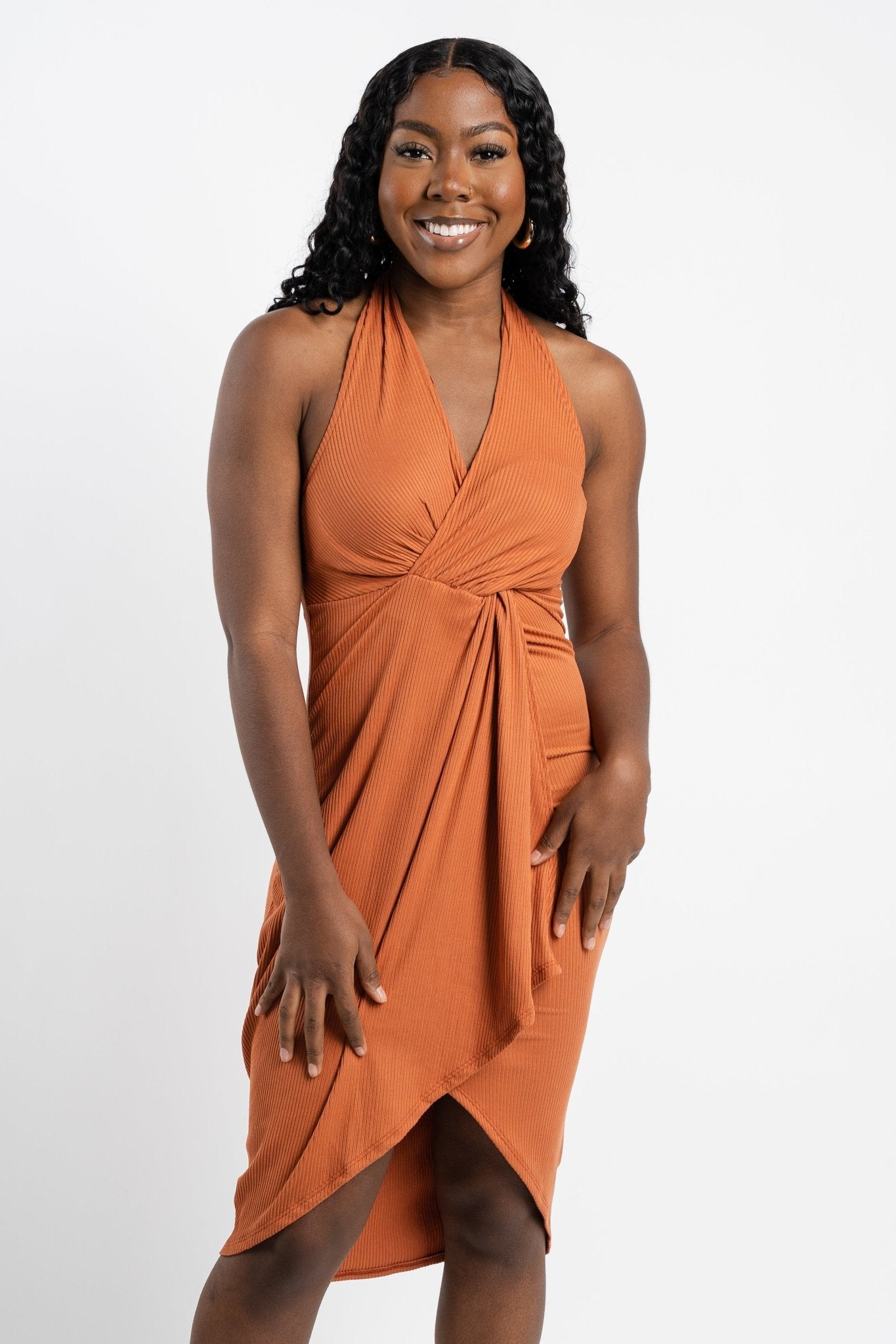 Halter midi dress rust - Affordable Dress - Boutique Dresses at Lush Fashion Lounge Boutique in Oklahoma City