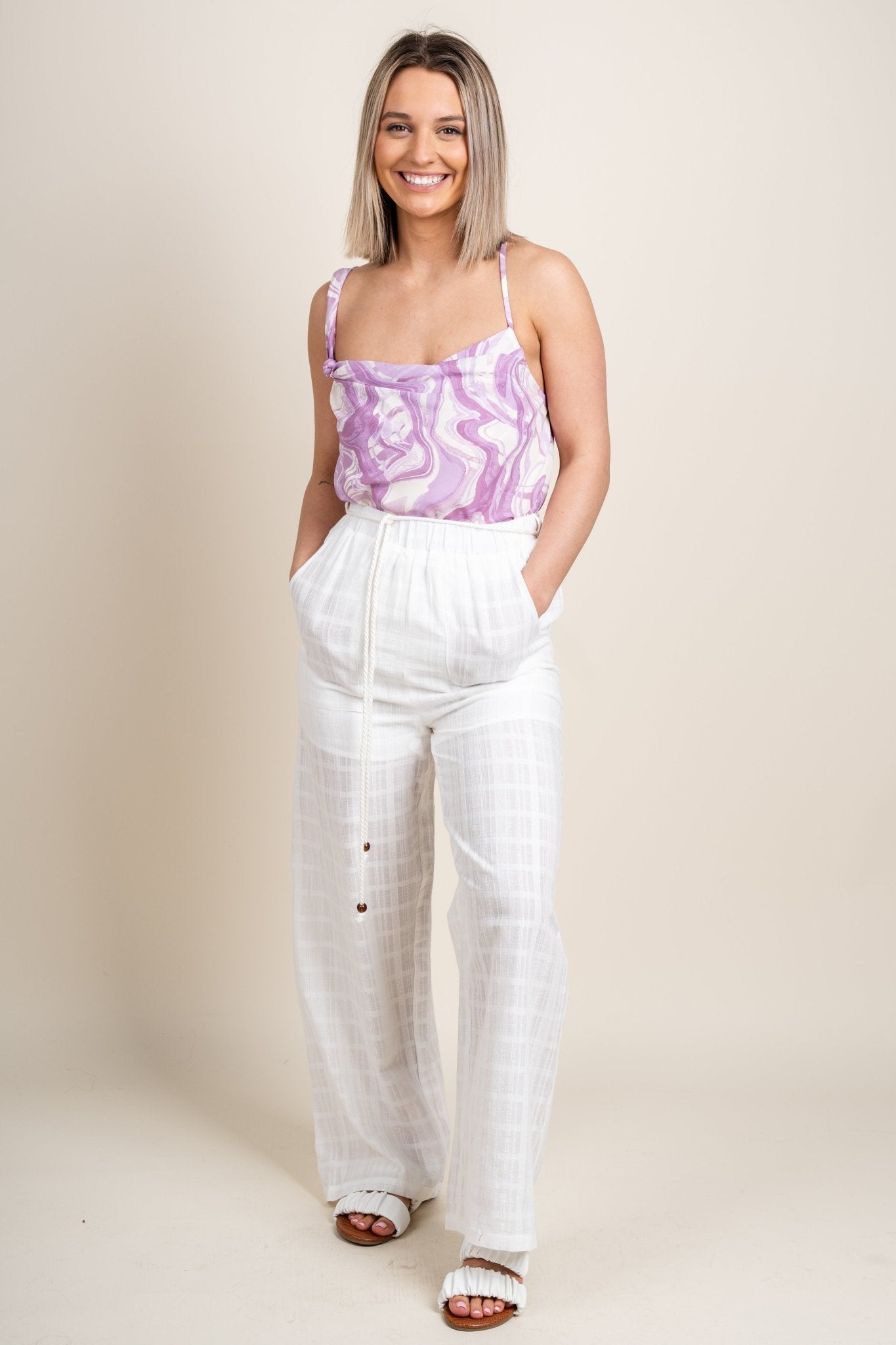 Linen tie waist pants off white - Stylish Pants - Trendy Staycation Outfits at Lush Fashion Lounge Boutique in Oklahoma City