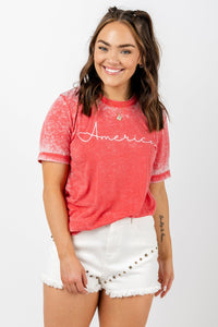 America script acid wash t-shirt red - Trendy T-shirts - Cute American Summer Collection at Lush Fashion Lounge Boutique in Oklahoma City