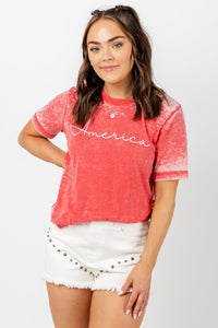 America script acid wash t-shirt red - Cute T-shirts - Fun American Summer Outfits at Lush Fashion Lounge Boutique in Oklahoma City
