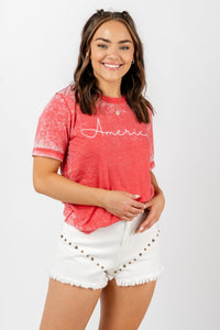 America script acid wash t-shirt red - Adorable T-shirts - Stylish Patriotic Summer Graphic Tees at Lush Fashion Lounge Boutique in OKC