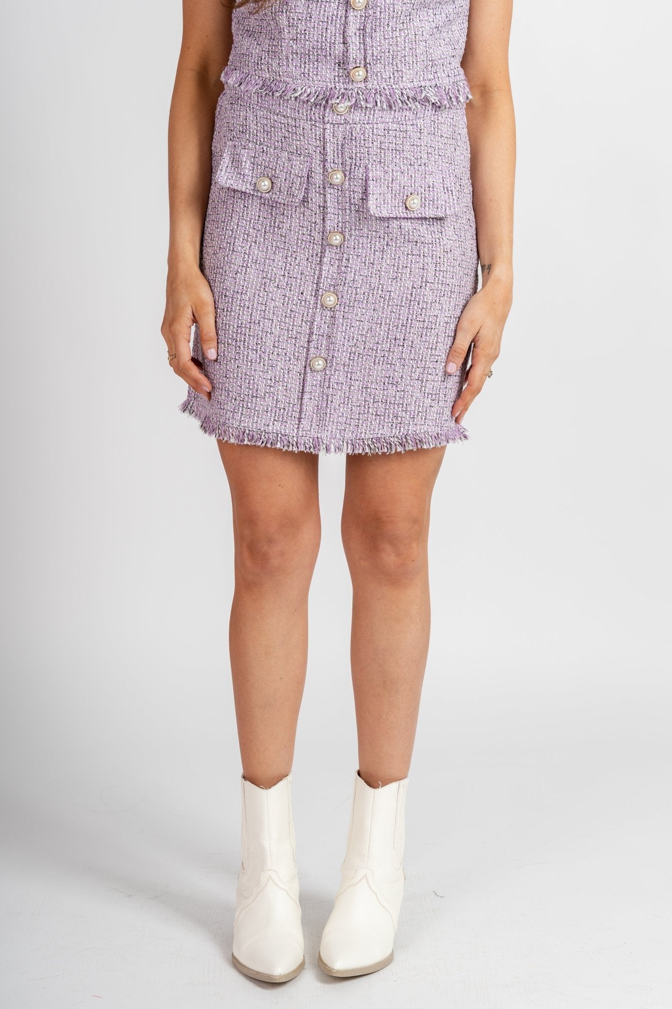 Tweed mini skirt lavender | Lush Fashion Lounge: boutique fashion skirts, affordable boutique skirts, cute affordable skirts