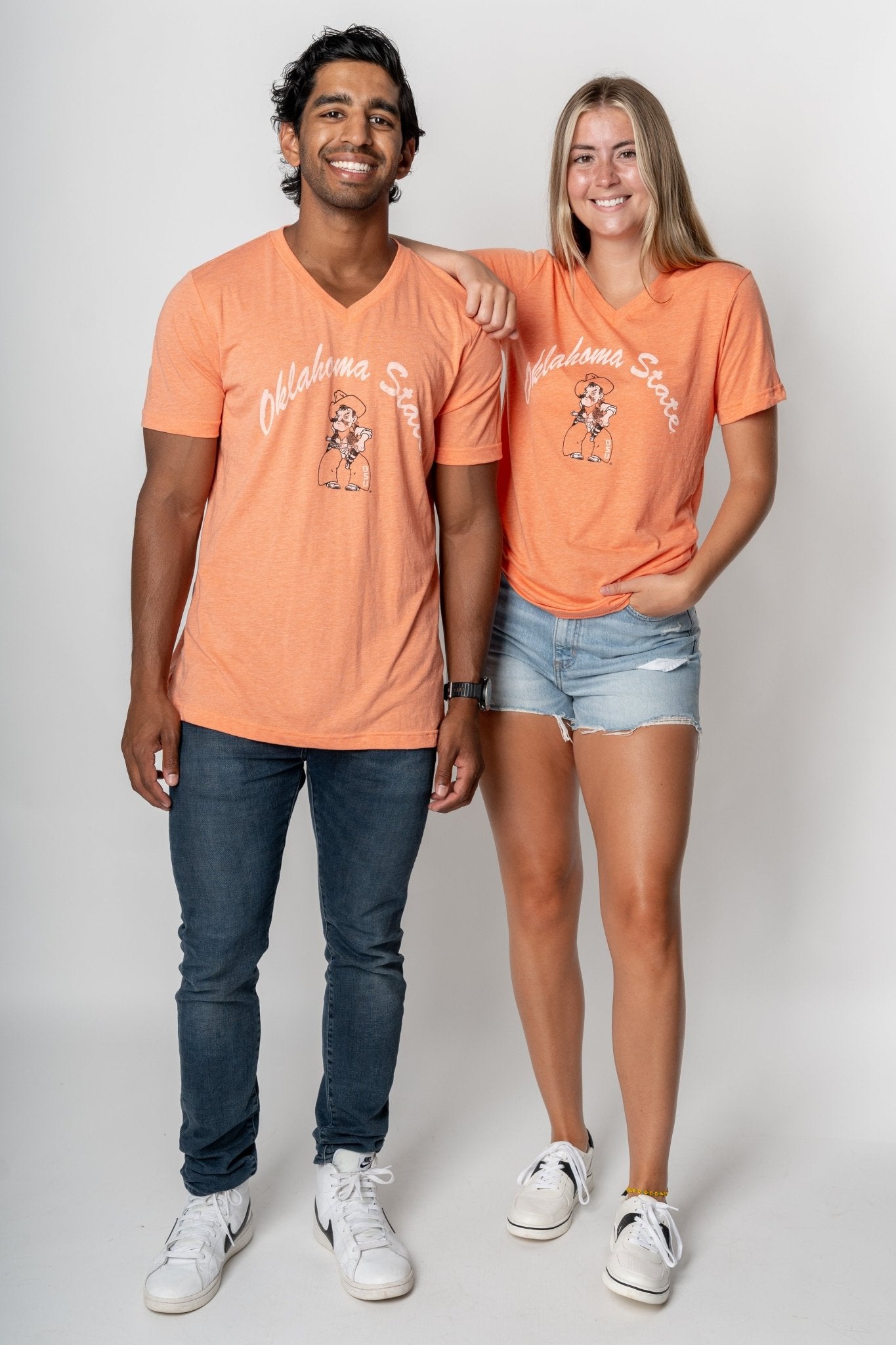 OSU OSU script Pete arch unisex v-neck t-shirt orange T-shirts | Lush Fashion Lounge Trendy Oklahoma State Cowboys Apparel & Cute Gameday T-Shirts