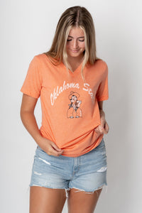 OSU OSU script Pete arch unisex v-neck t-shirt orange T-shirts | Lush Fashion Lounge Trendy Oklahoma State Cowboys Apparel & Cute Gameday T-Shirts