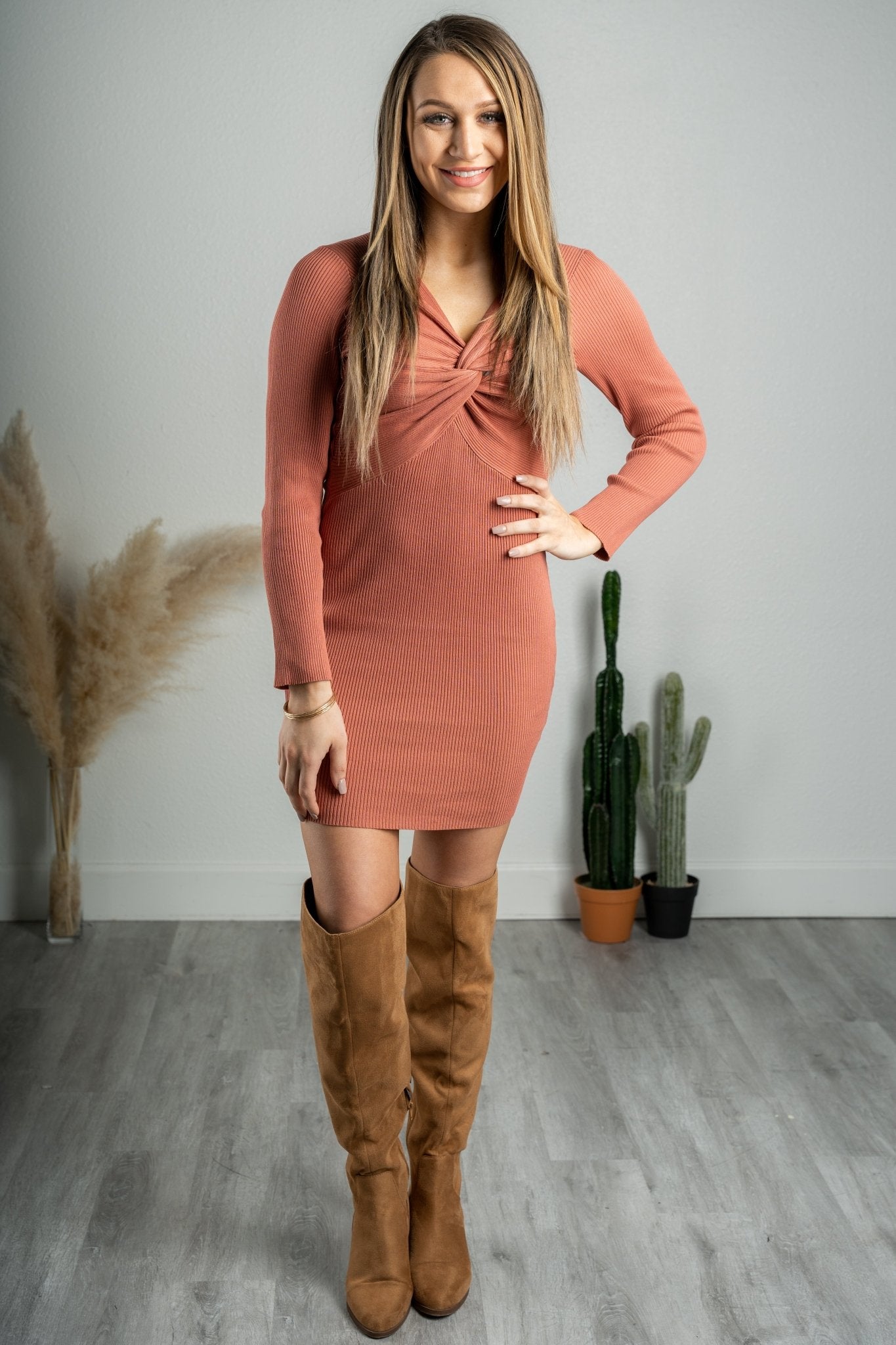 Ribbed vneck long sleeve sweater dress rust - Trendy dress - Fashion Dresses at Lush Fashion Lounge Boutique in Oklahoma City