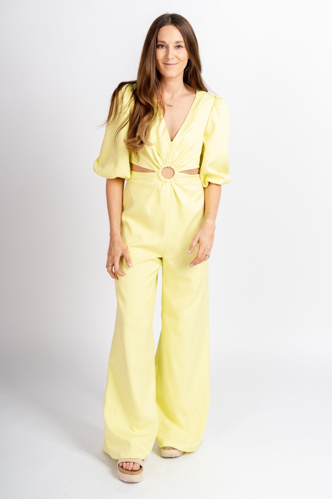 O ring detail jumpsuit soft lime - Stylish jumpsuit - Trendy Staycation Outfits at Lush Fashion Lounge Boutique in Oklahoma City