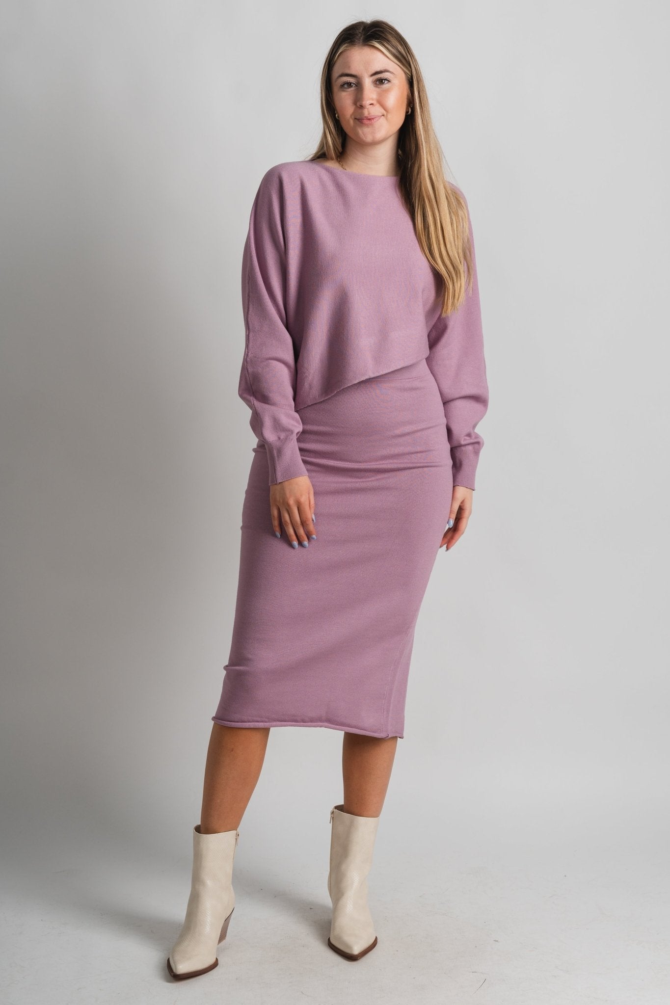 Sweater midi skirt mauve | Lush Fashion Lounge: boutique fashion skirts, affordable boutique skirts, cute affordable skirts