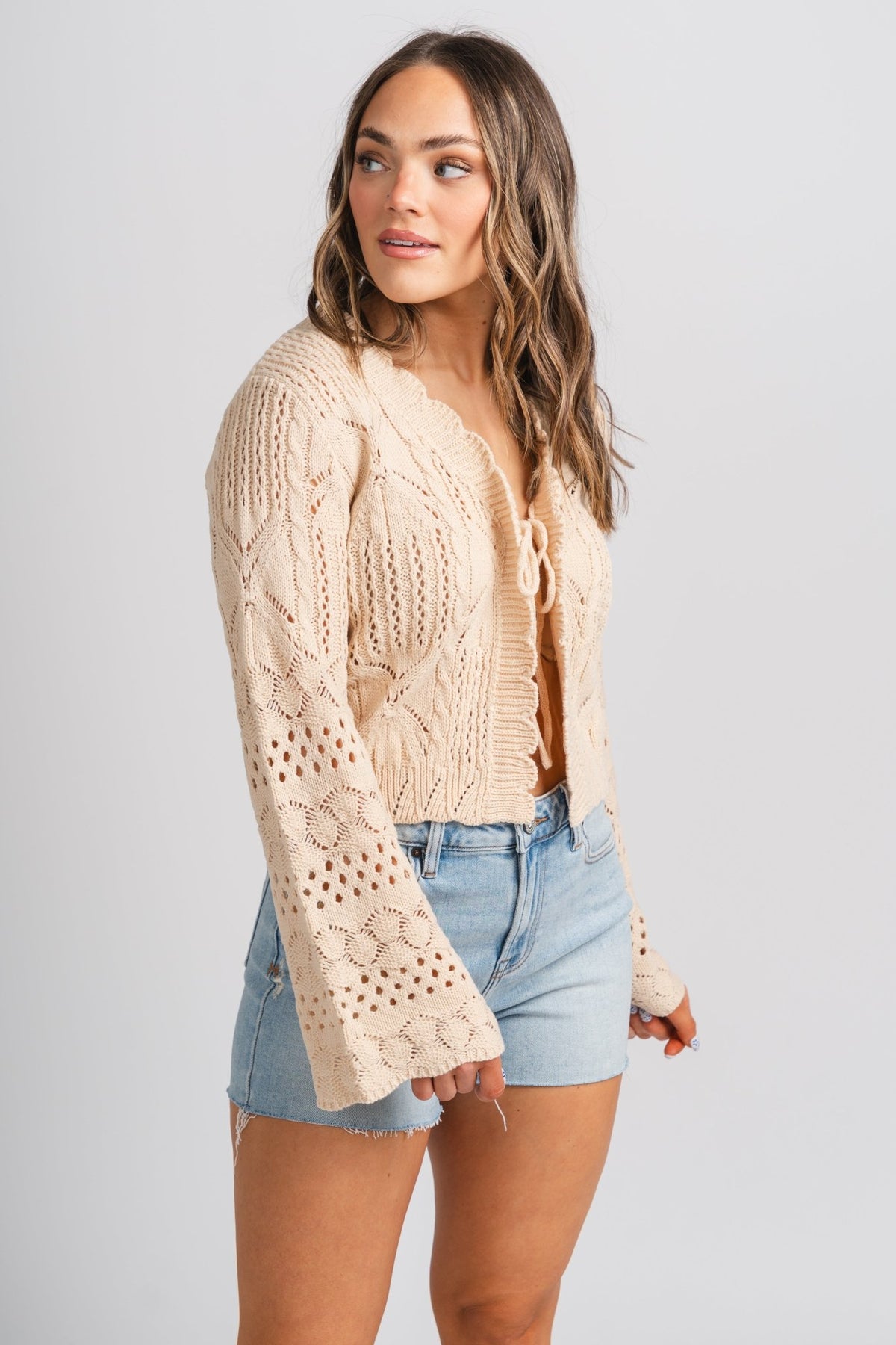 Crochet sweater cardigan taupe - Trendy Cardigan - Cute Vacation Collection at Lush Fashion Lounge Boutique in Oklahoma City