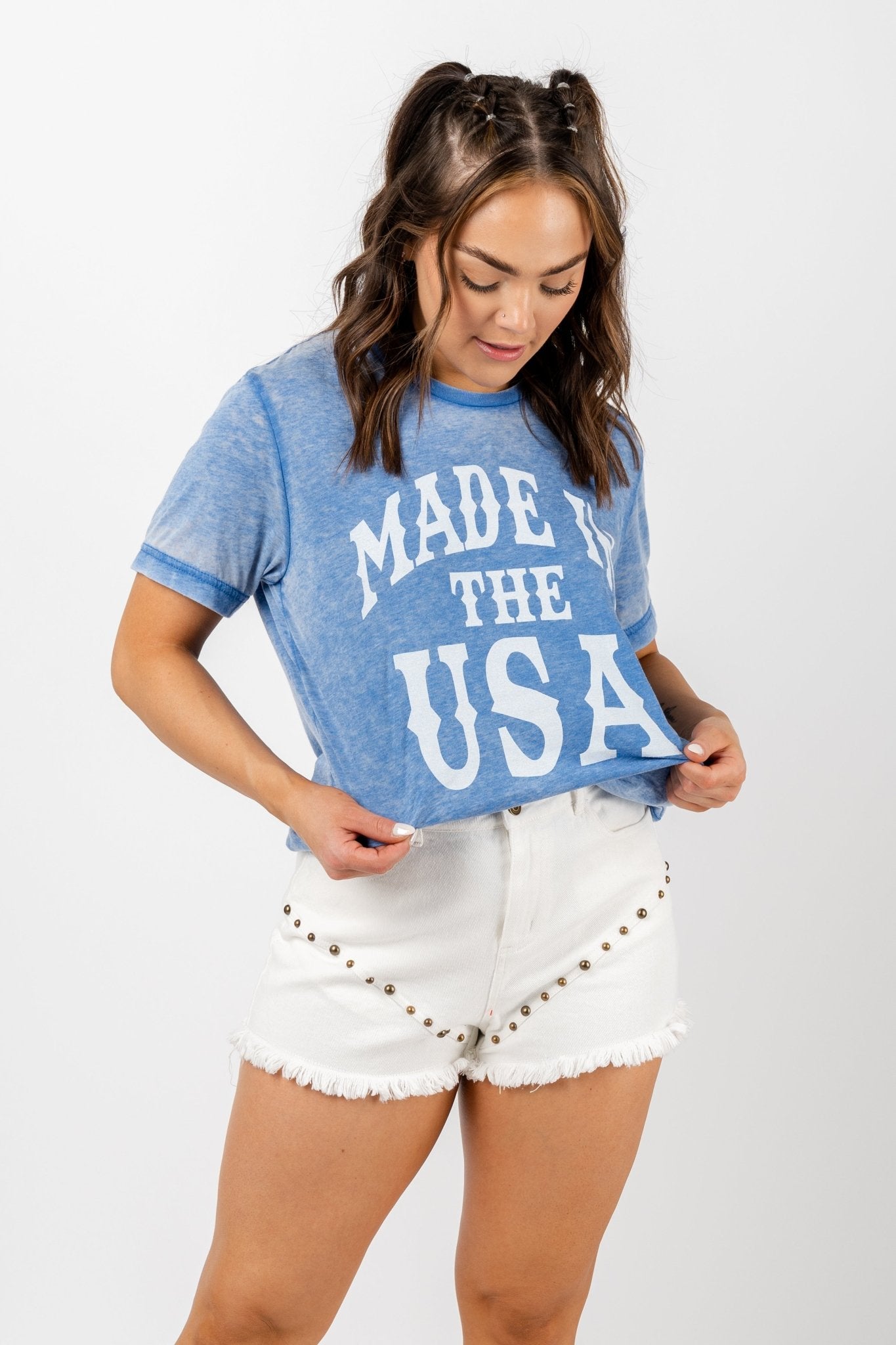 Made in the USA acid wash t-shirt blue - Trendy T-shirts - Cute American Summer Collection at Lush Fashion Lounge Boutique in Oklahoma City