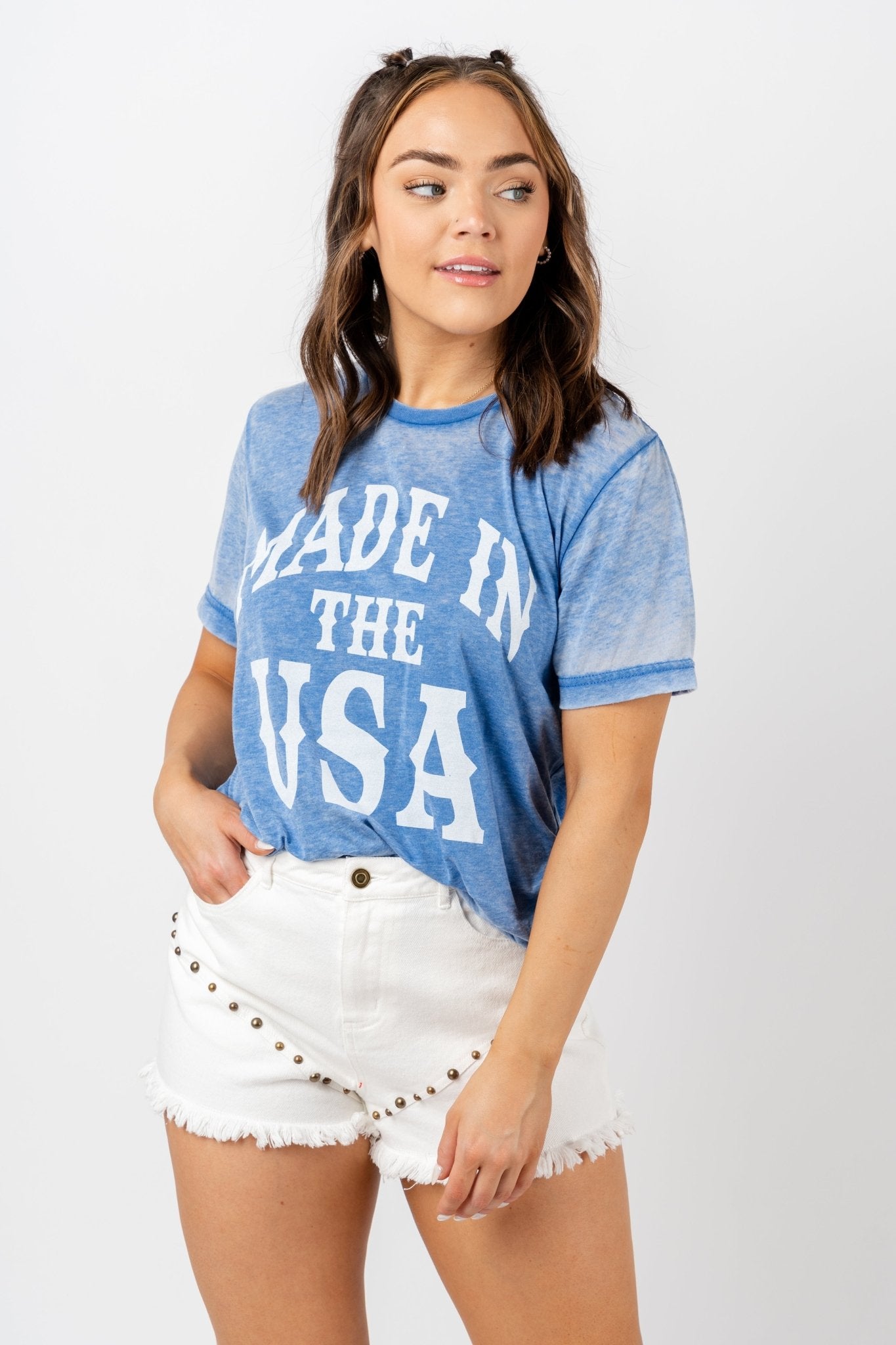 Made in the USA acid wash t-shirt blue - Cute T-shirts - Fun American Summer Outfits at Lush Fashion Lounge Boutique in Oklahoma City