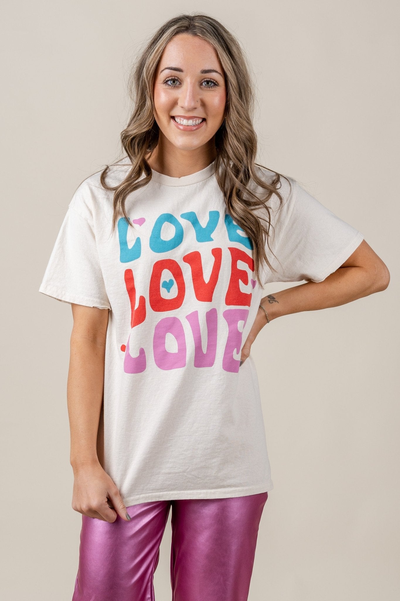 Love repeat thrifted t-shirt off white - Trendy Valentine's T-Shirts at Lush Fashion Lounge Boutique in Oklahoma City