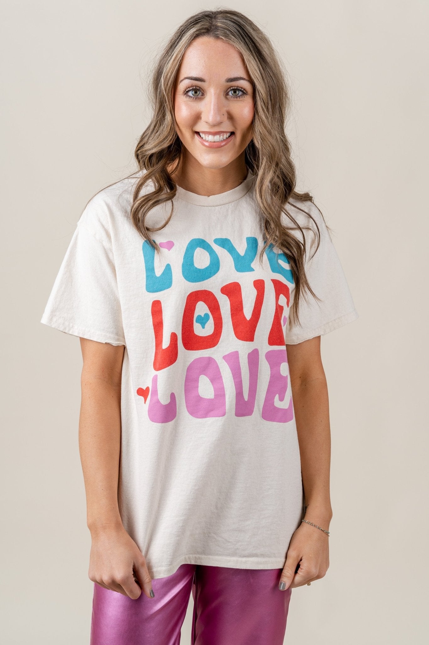Love repeat thrifted t-shirt off white - Cute Valentine's Day Outfits at Lush Fashion Lounge Boutique in Oklahoma City