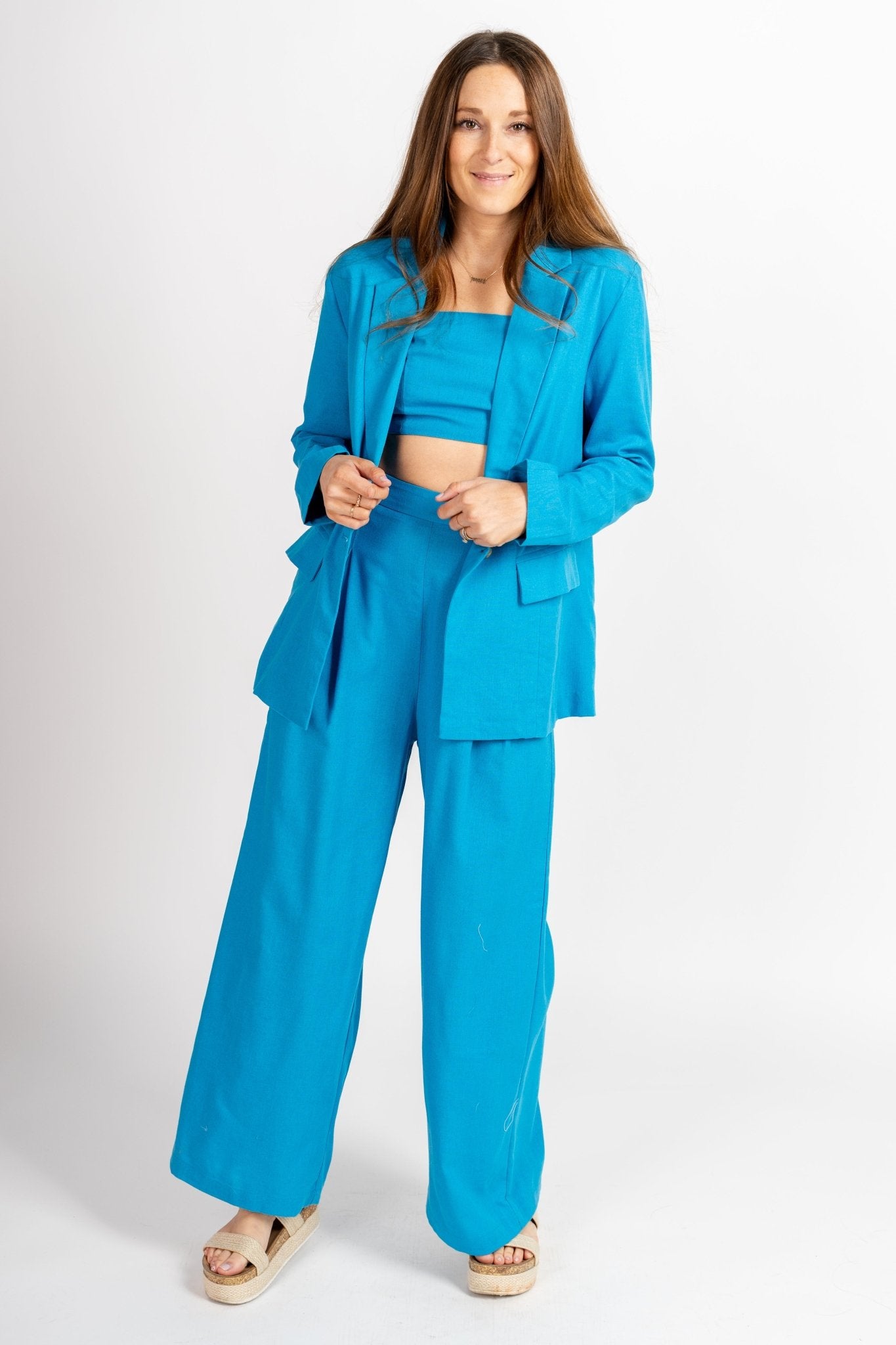 Single button blazer turquoise blue - Stylish Blazer - Trendy Staycation Outfits at Lush Fashion Lounge Boutique in Oklahoma City
