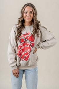 Cupid catch me a cowboy thrifted sweatshirt sand - Cute Valentine's Day Outfits at Lush Fashion Lounge Boutique in Oklahoma City
