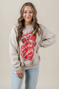 Cupid catch me a cowboy thrifted sweatshirt sand - Trendy T-Shirts for Valentine's Day at Lush Fashion Lounge Boutique in Oklahoma City