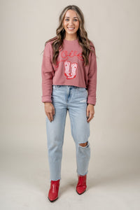 Lover cowboy boot cropped sweatshirt mauve - Unique Valentine's Day T-Shirt Designs at Lush Fashion Lounge Boutique in Oklahoma City