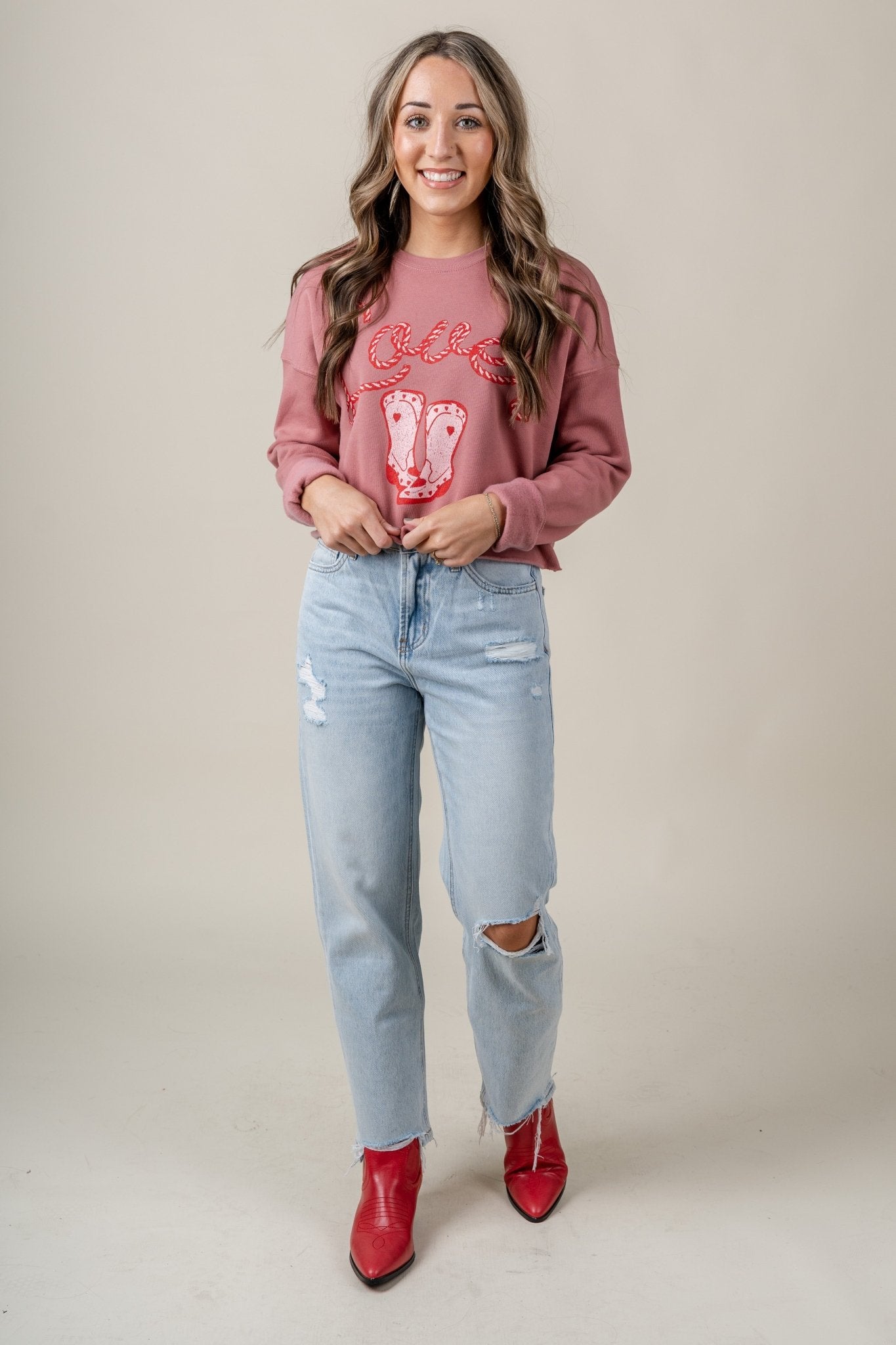 Lover cowboy boot cropped sweatshirt mauve - Cute Valentine's Day Outfits at Lush Fashion Lounge Boutique in Oklahoma City