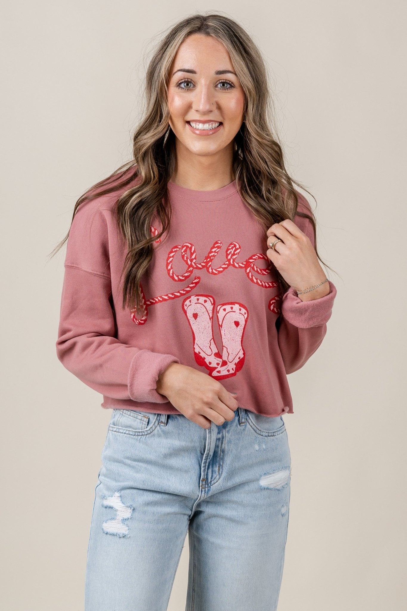 Lover cowboy boot cropped sweatshirt mauve - Trendy Valentine's T-Shirts at Lush Fashion Lounge Boutique in Oklahoma City