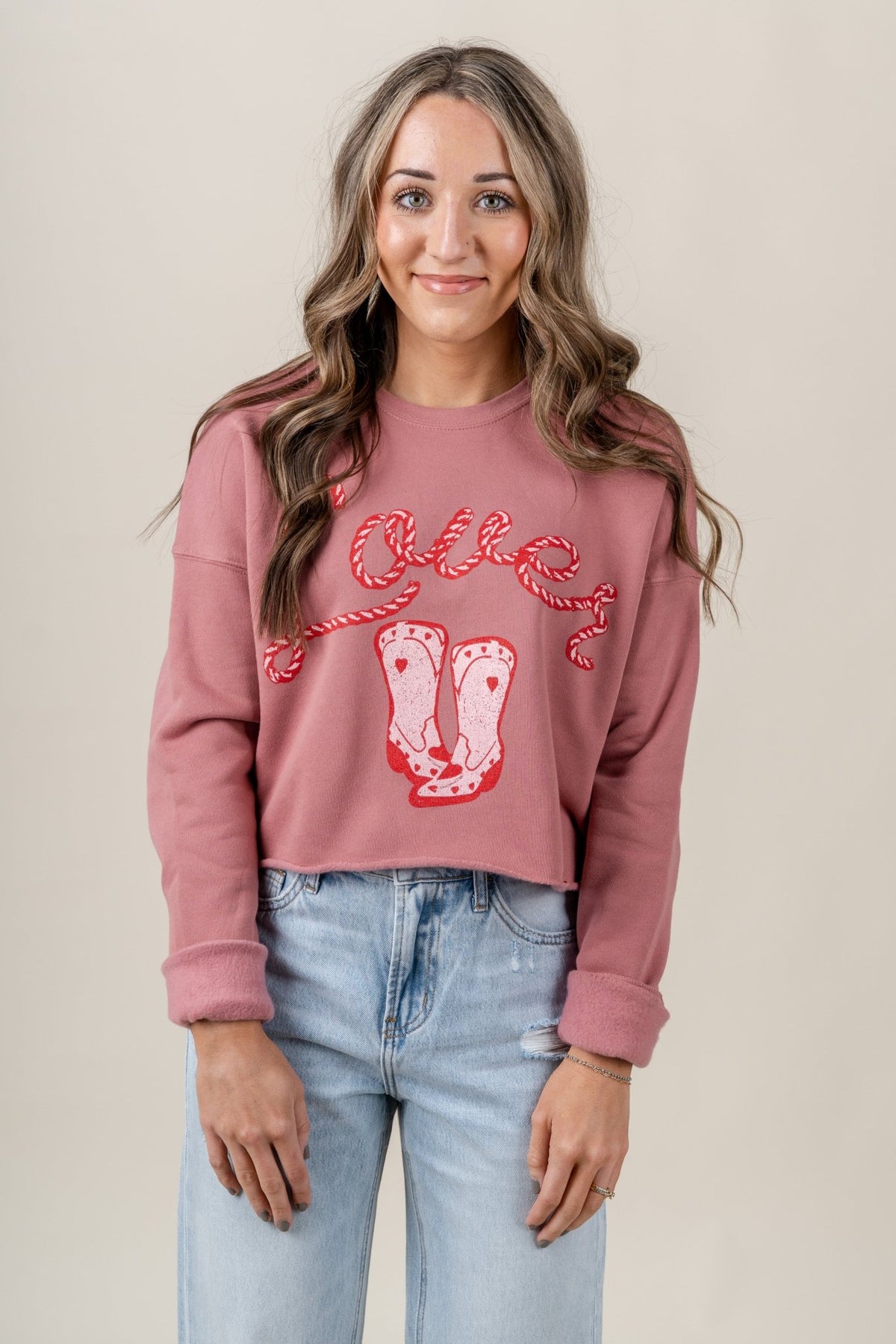 Lover cowboy boot cropped sweatshirt mauve - Trendy T-Shirts for Valentine's Day at Lush Fashion Lounge Boutique in Oklahoma City