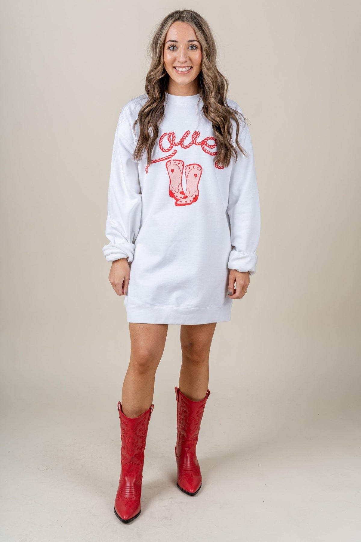 Lover boot sweatshirt dress white - Trendy T-Shirts for Valentine's Day at Lush Fashion Lounge Boutique in Oklahoma City