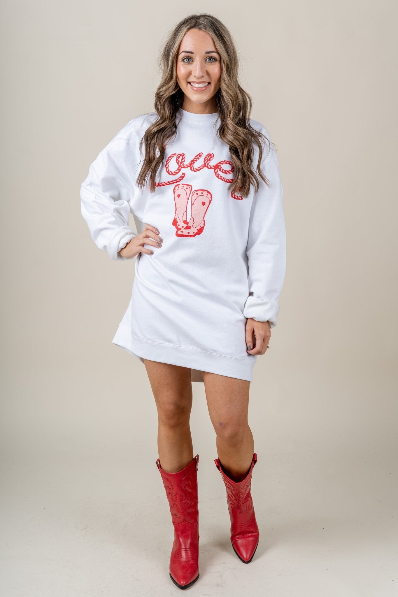 Lover boot sweatshirt dress white - Trendy Valentine's T-Shirts at Lush Fashion Lounge Boutique in Oklahoma City