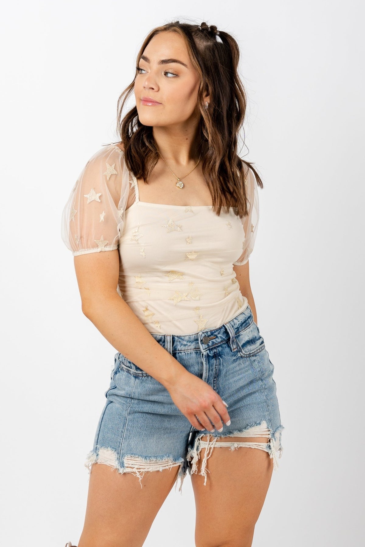 Star mesh bodysuit cream/gold - Trendy bodysuit - Cute American Summer Collection at Lush Fashion Lounge Boutique in Oklahoma City