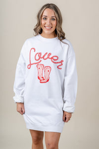 Lover boot sweatshirt dress white - Affordable Dress - Boutique Dresses at Lush Fashion Lounge Boutique in Oklahoma City