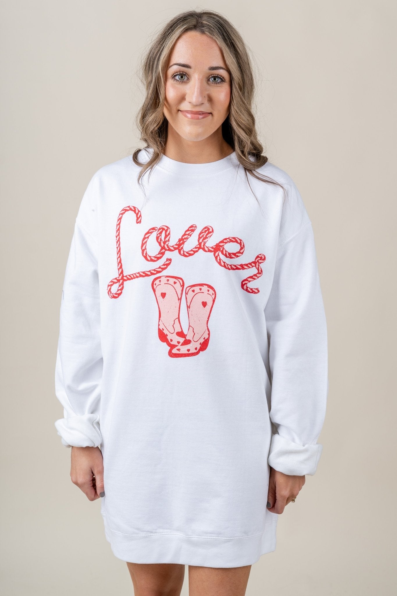 Lover boot sweatshirt dress white - Cute Valentine's Day Outfits at Lush Fashion Lounge Boutique in Oklahoma City