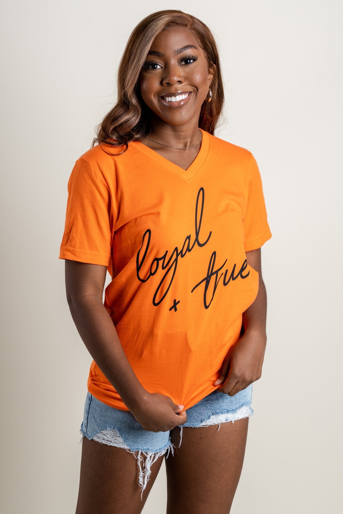 OSU OSU slanted script unisex v-neck t-shirt orange T-shirts | Lush Fashion Lounge Trendy Oklahoma State Cowboys Apparel & Cute Gameday T-Shirts