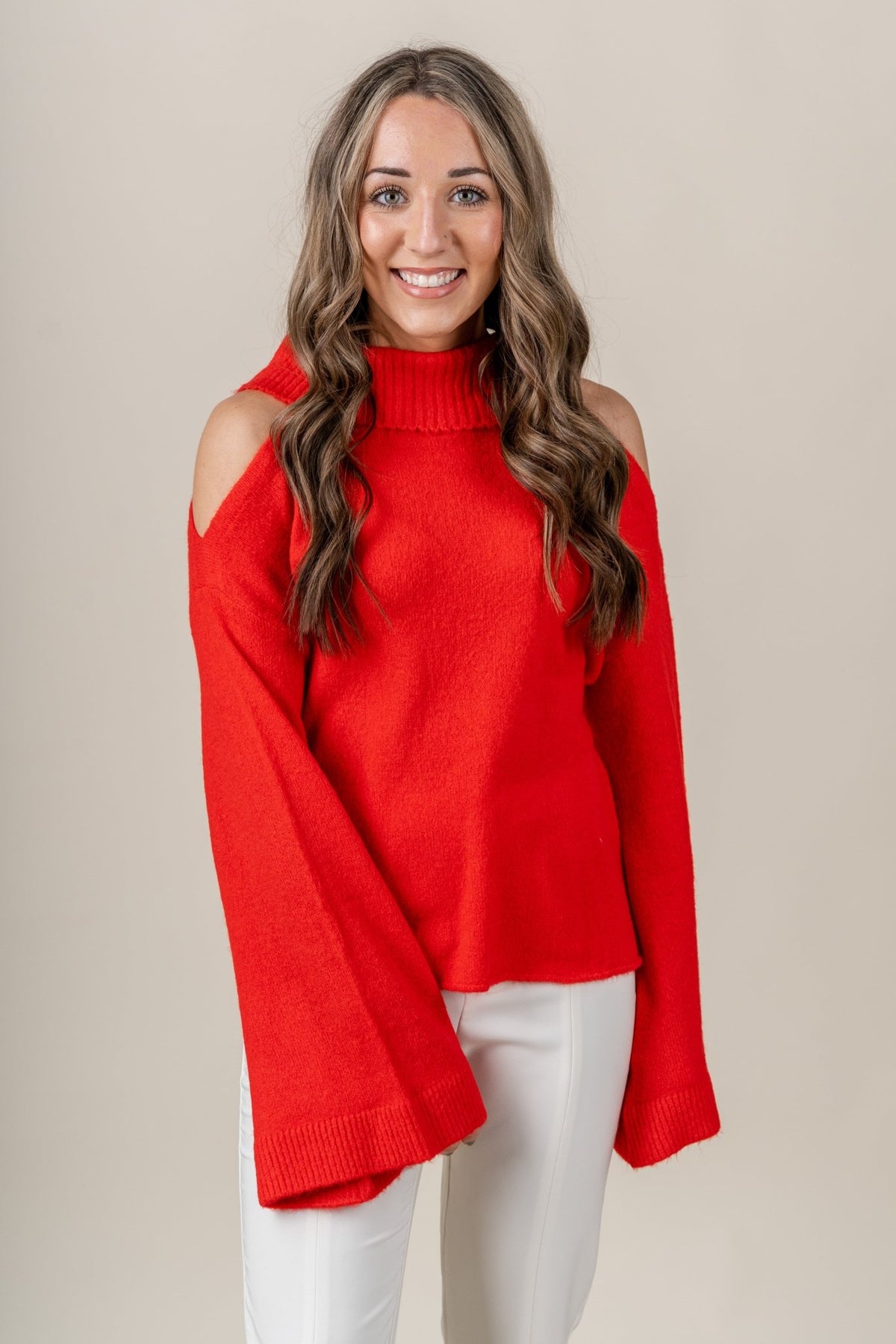 Cold shoulder sweater top red - Trendy T-Shirts for Valentine's Day at Lush Fashion Lounge Boutique in Oklahoma City