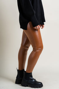 Faux leather leggings camel | Lush Fashion Lounge: women's boutique leggings, boutique fashion leggings, boutique exercise leggings, cute affordable leggings