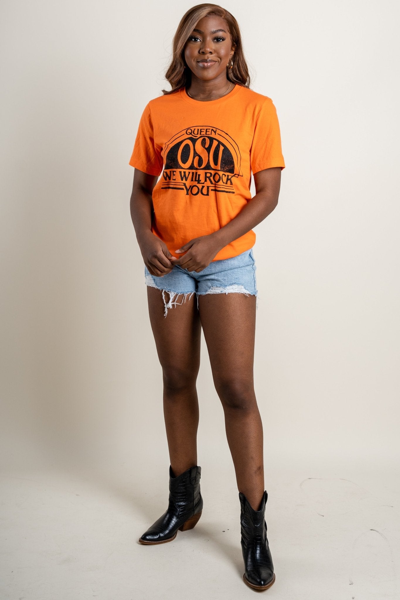 OSU OSU Queen we will rock you unisex t-shirt orange T-shirts | Lush Fashion Lounge Trendy Oklahoma State Cowboys Apparel & Cute Gameday T-Shirts